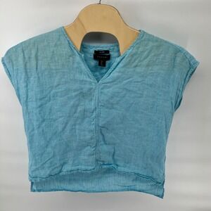 Tahari Linen V Neck Cap Sleeve Blue Pullover Top Tunic Women's‎ Size L Bohemian